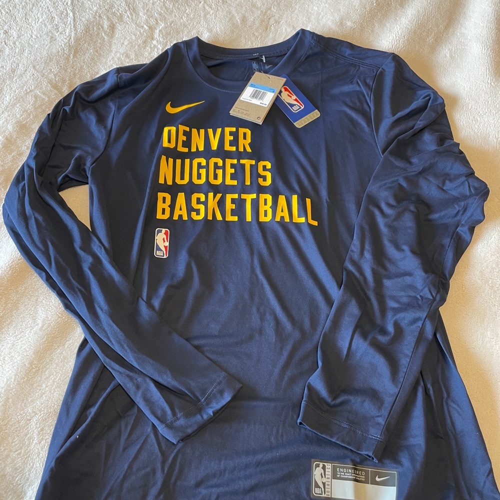Nike Denver Nuggets Navy Long Sleeve Basketball Shirt with Yellow Logo
